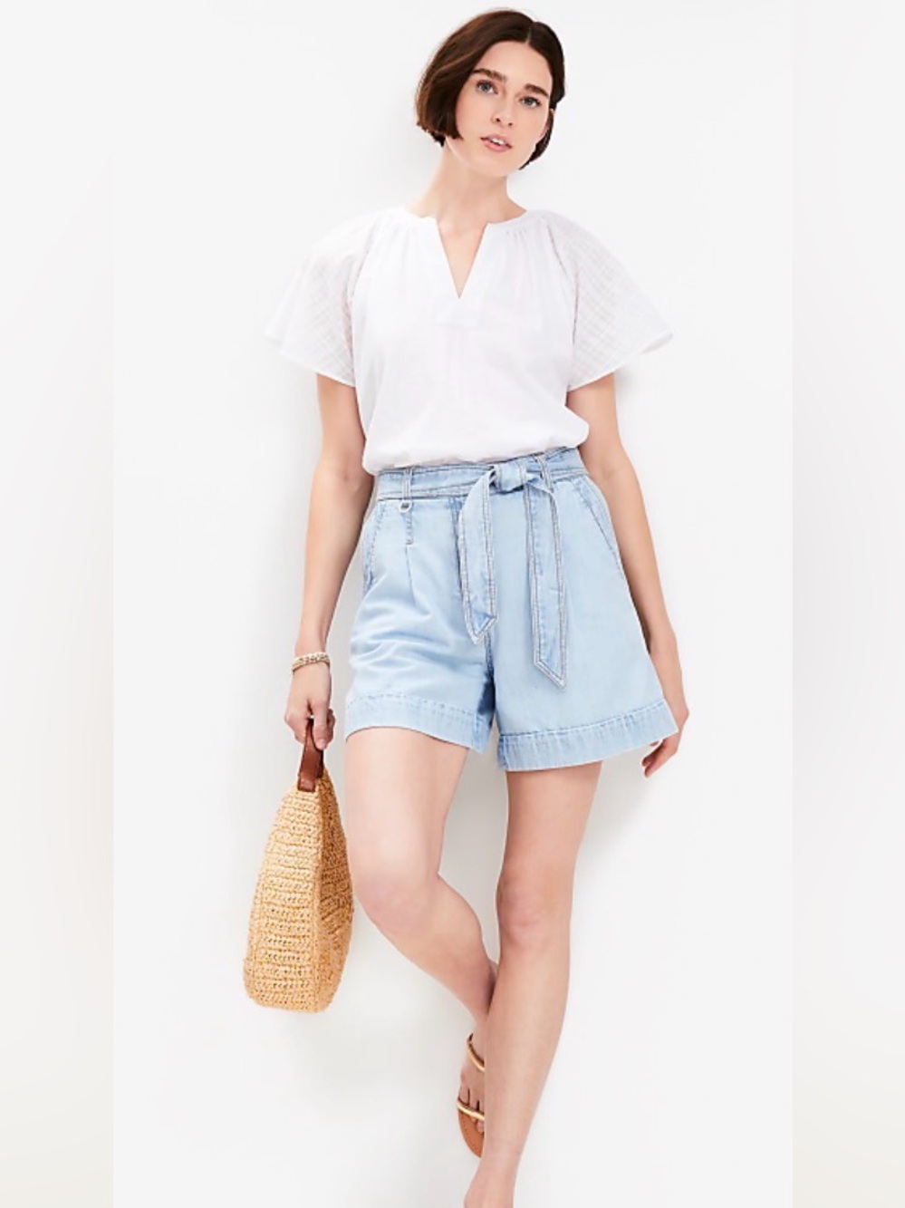 LOFT White Split V-Neck Flutter Sleeve Blouse - Medium